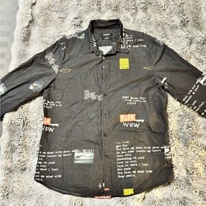 Desigual Black Button-Up Shirt with White Graphic Text and Multicolor Trim